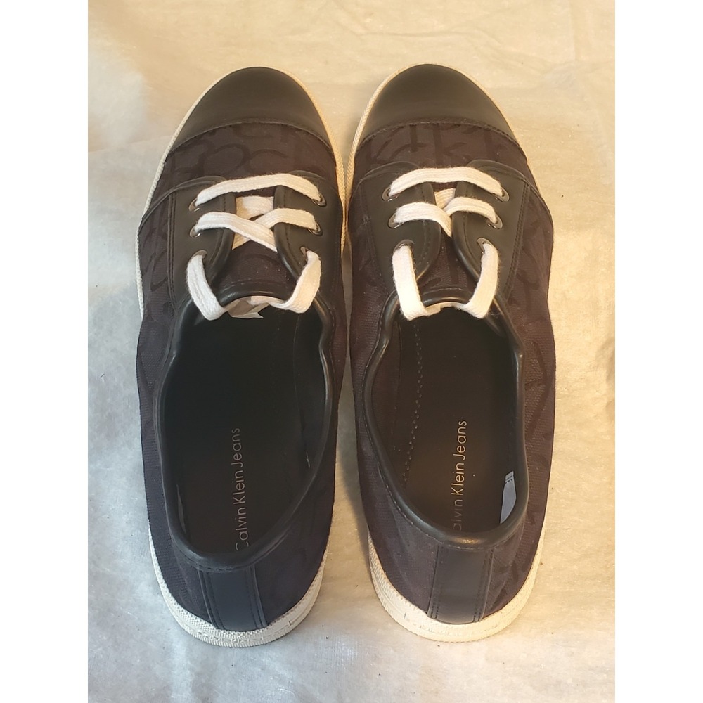 Calvin Klein Logo Sneakers Merlinda‎ Womens Shoes 8 1/2 M Black White Leather - Picture 7 of 9